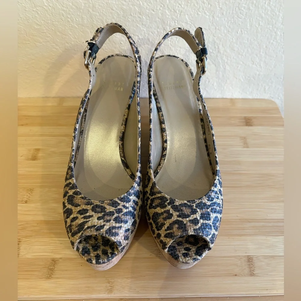 Stuart Weitzman Woven Leopard-Print Cork Slingback Wedges 8.5 Narrow - Picture 3 of 10